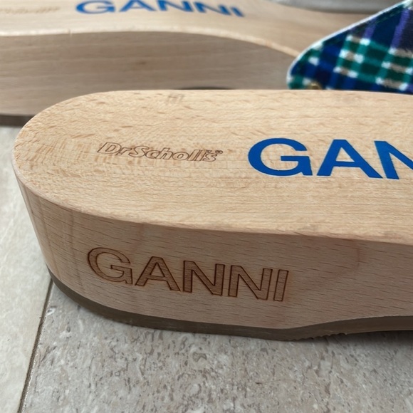 NWT GANNI x Dr. Scholl's Plaid Wooden Clog Sandals Buckle Retro Slides Blue 9 - Picture 8 of 13